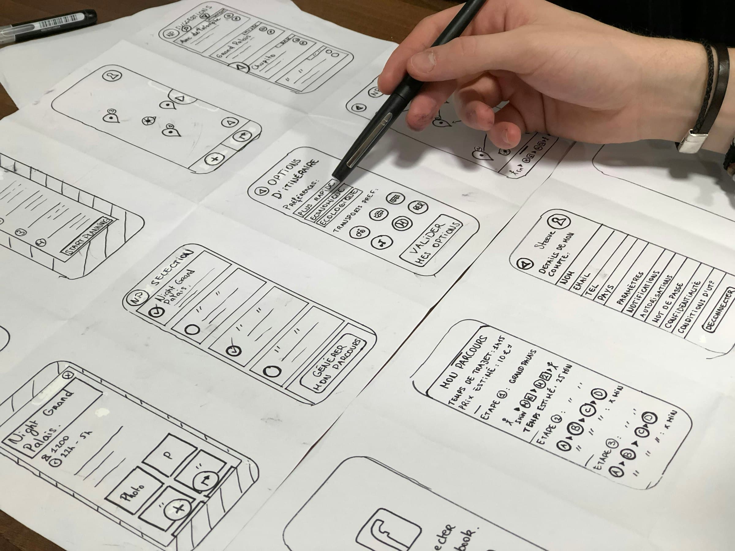 A hand with a pen points at hand-drawn mobile app wireframes spread across a table.